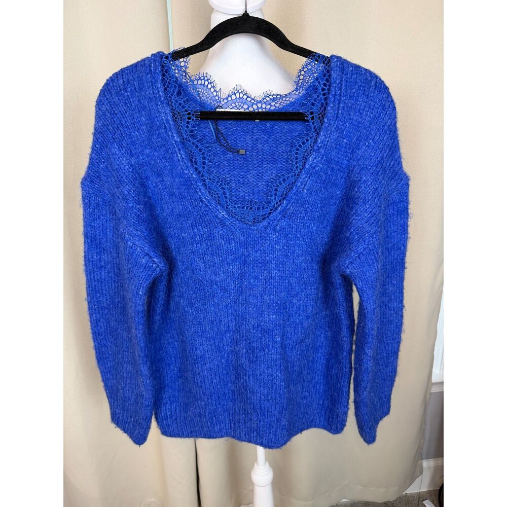 Zara Blue Knit Sweater Lace Trim Soft Fuzzy Cozy Size L